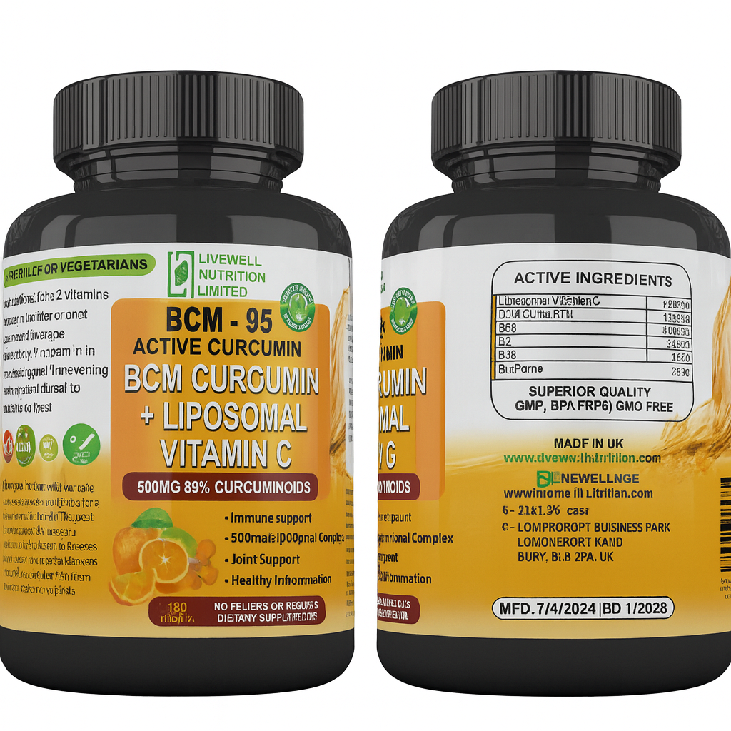 BCM Turmeric Curcumin + Liposomal Vitamin C BCM-95 Active Curcumin X1 VitaCap 180 Tablets