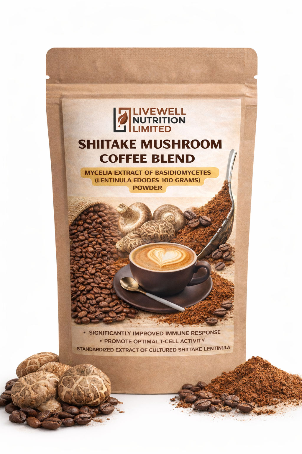 Shittake Mushroom Extract Potent Correlated Compound With Organic Coffee Adaptogen Mix Instant Mushrooms Coffee for Immune Function, Gut Health, Energy, 100 Grams