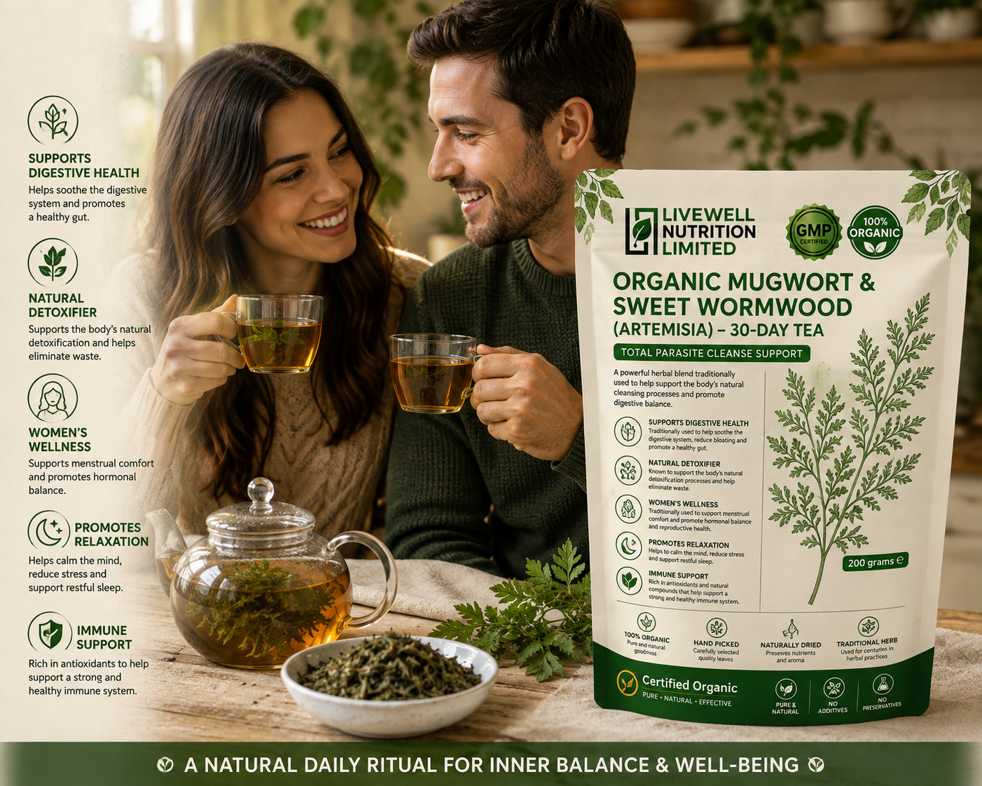 30 Days Organic Wormwood Total Parasite Cleanse Internal Health Supplement with 30 Tea Bags