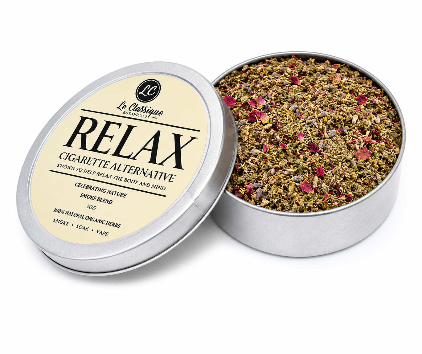 Relax-Herbal Smoke Mix. Embrace Serenity. 100% Nicotine Free. 100% Mixed Herbs. 30 grams