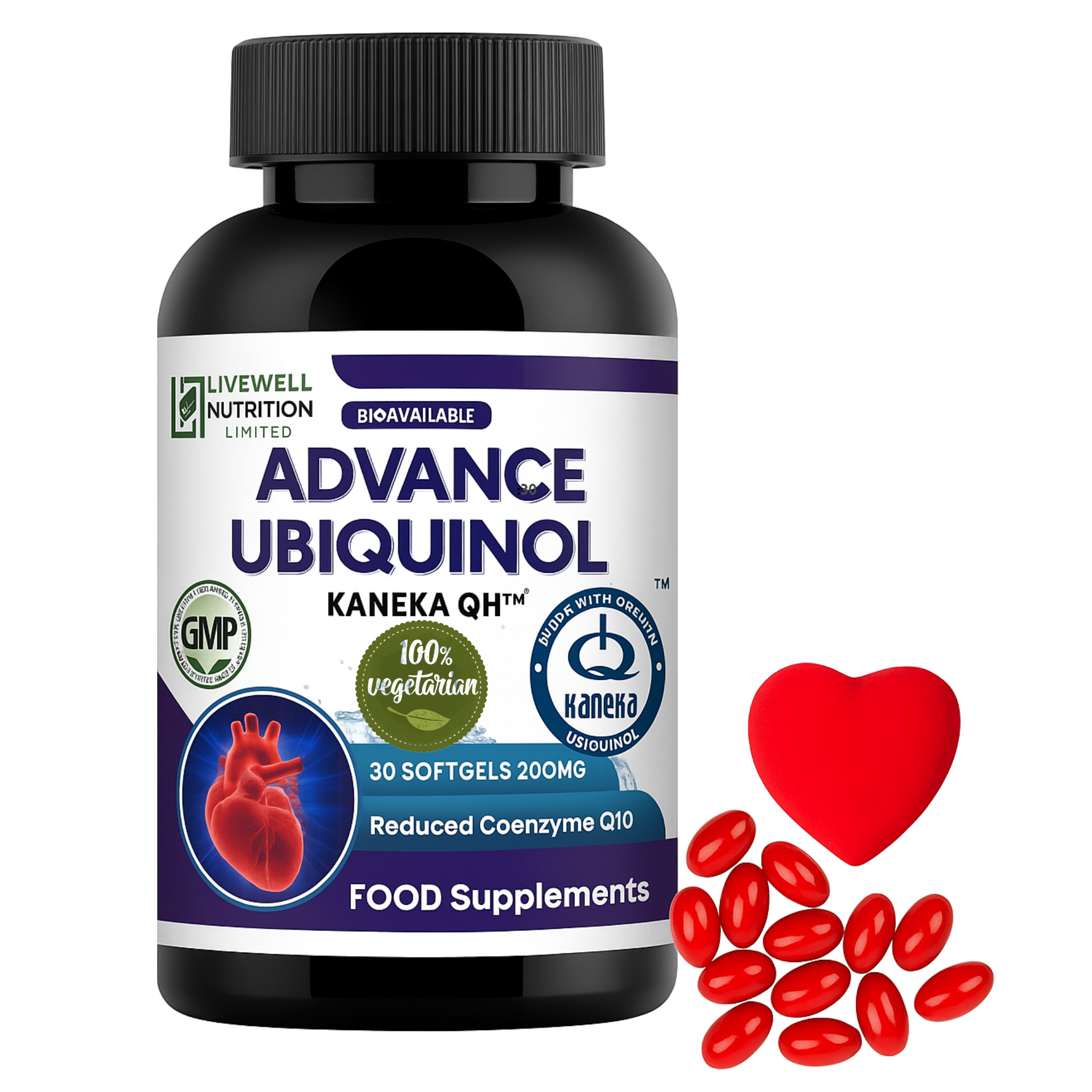 Kaneka Virgetarian Advance Ubiquinol- Kaneka QH 30 Softgels @ 200mg Reduced Form of CoQ10- Powerful Results