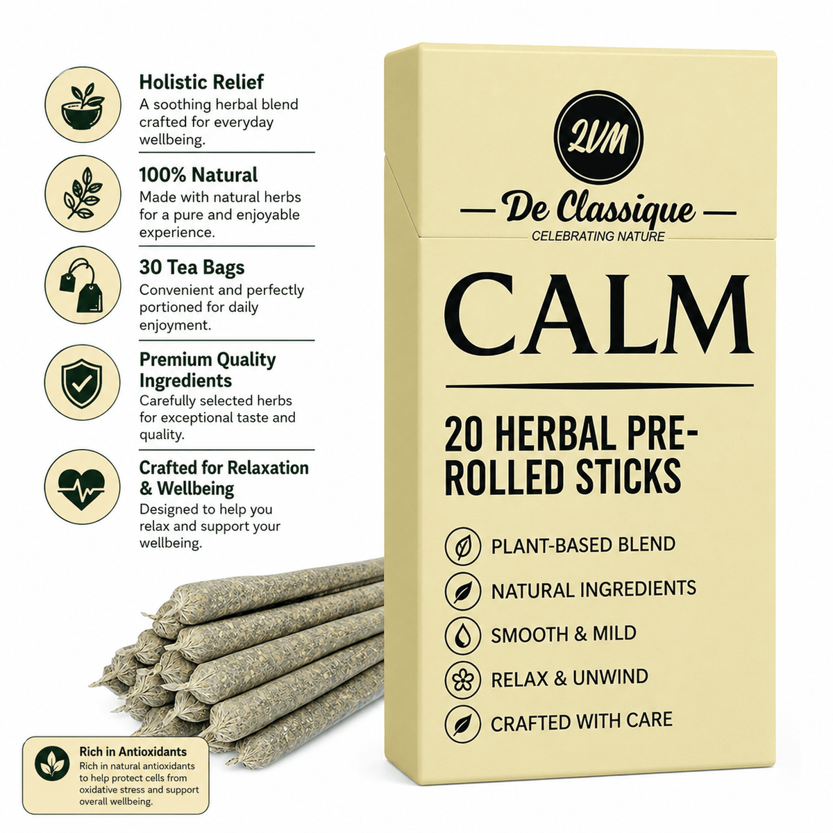 CALM Blend 20 Organic Herbal Pre-Rolled Sticks by QUM De Classique. Premium Tobacco Alternative. 100% Nicotine & THC Free.