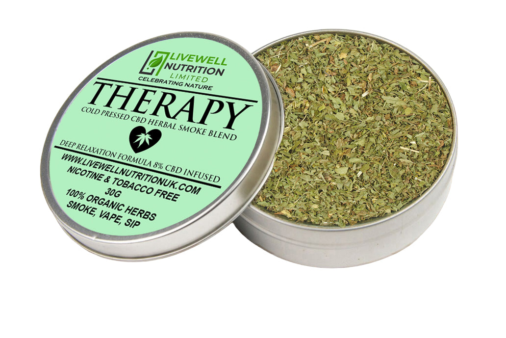 Therapy-Herbal Smoke Mix. Peaceful Serenity. 100% Nicotine Free. 100% Mixed Herbs. 30 grams