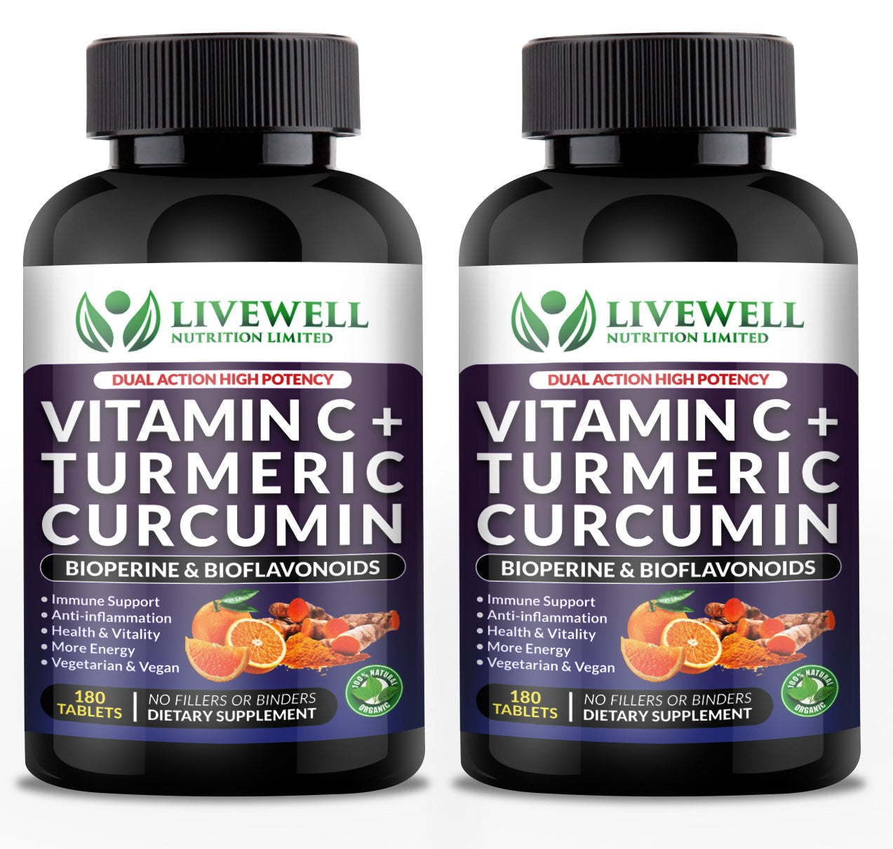 Vitamin C + Turmeric Curcumin Dual Action High Potency Bioperine & Bioflavonoids x2 VitaCap