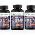 Vitamin C + Turmeric Curcumin Dual Action High Potency Bioperine & Bioflavonoids X3 VitaCap  180 Tablets
