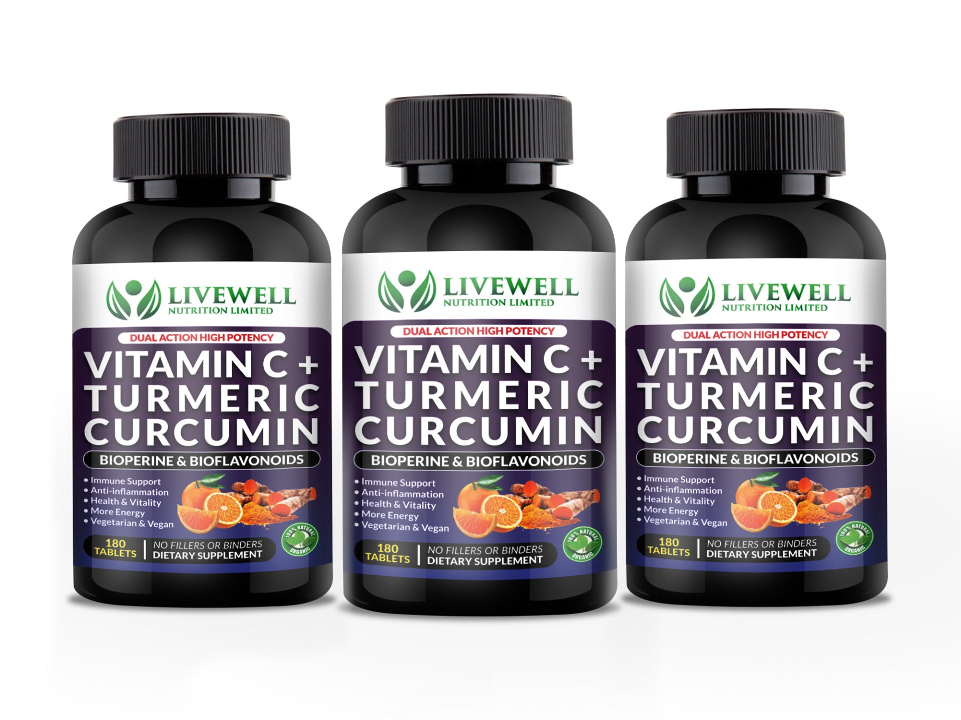 Vitamin C + Turmeric Curcumin Dual Action High Potency Bioperine & Bioflavonoids X3 VitaCap  180 Tablets