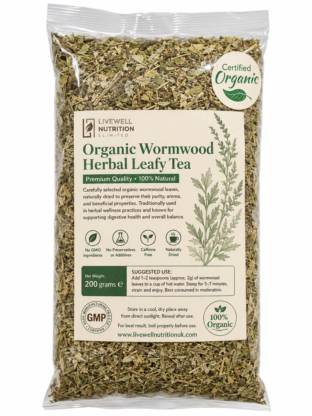 Organic Wormwood Herbal Tea Renowned For Its Anti-Inflammatory Properties 200 grams:100 cups of tea