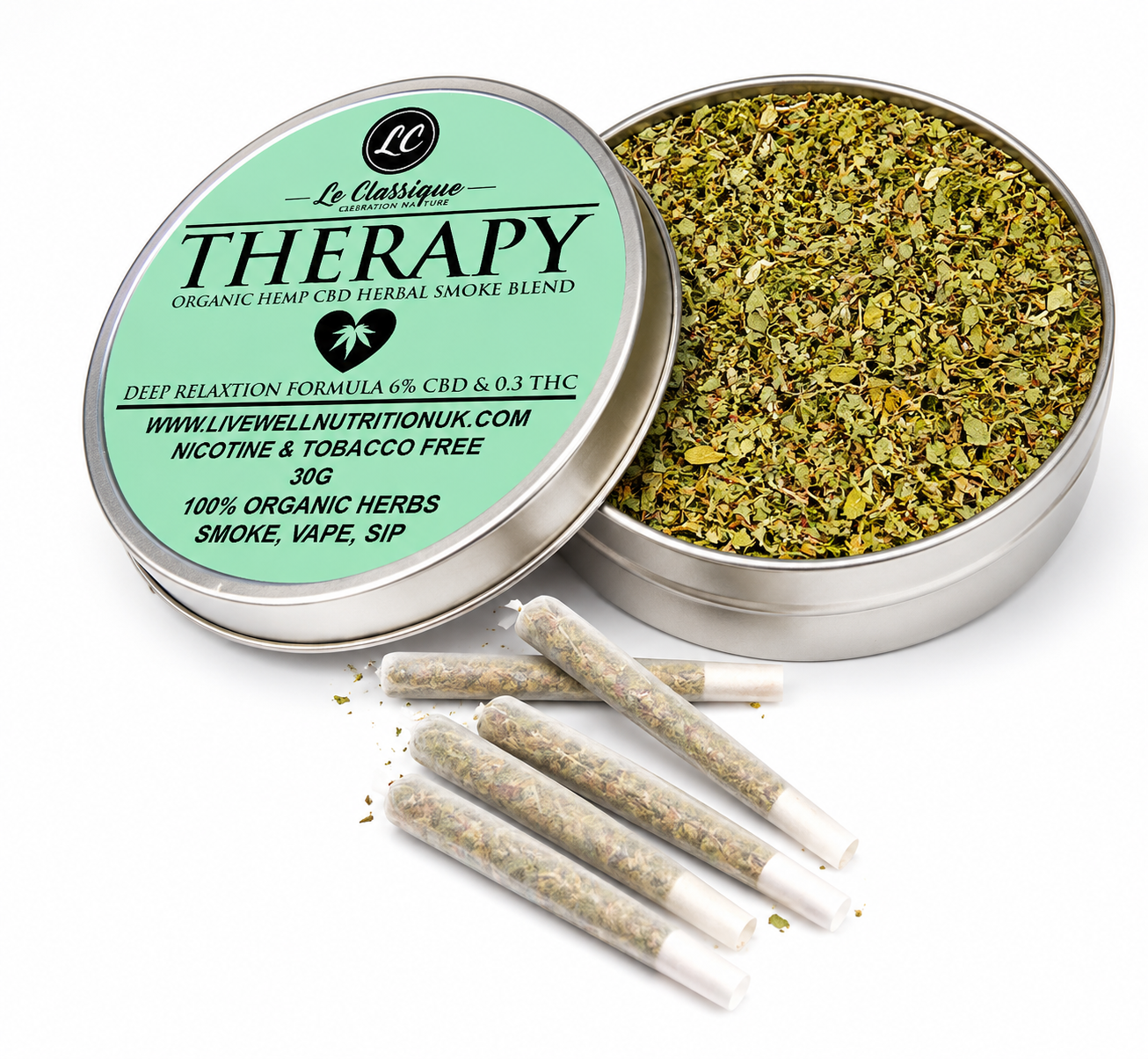 Therapy-Herbal Smoke Mix. Peaceful Serenity. 100% Nicotine Free. 100% Mixed Herbs. 30 grams