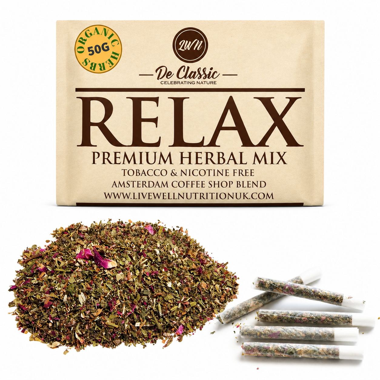 Relax Premium Herbal Smoke Mix. 100% Nicotine Free. 100% Mixed Herbs. 50 grams