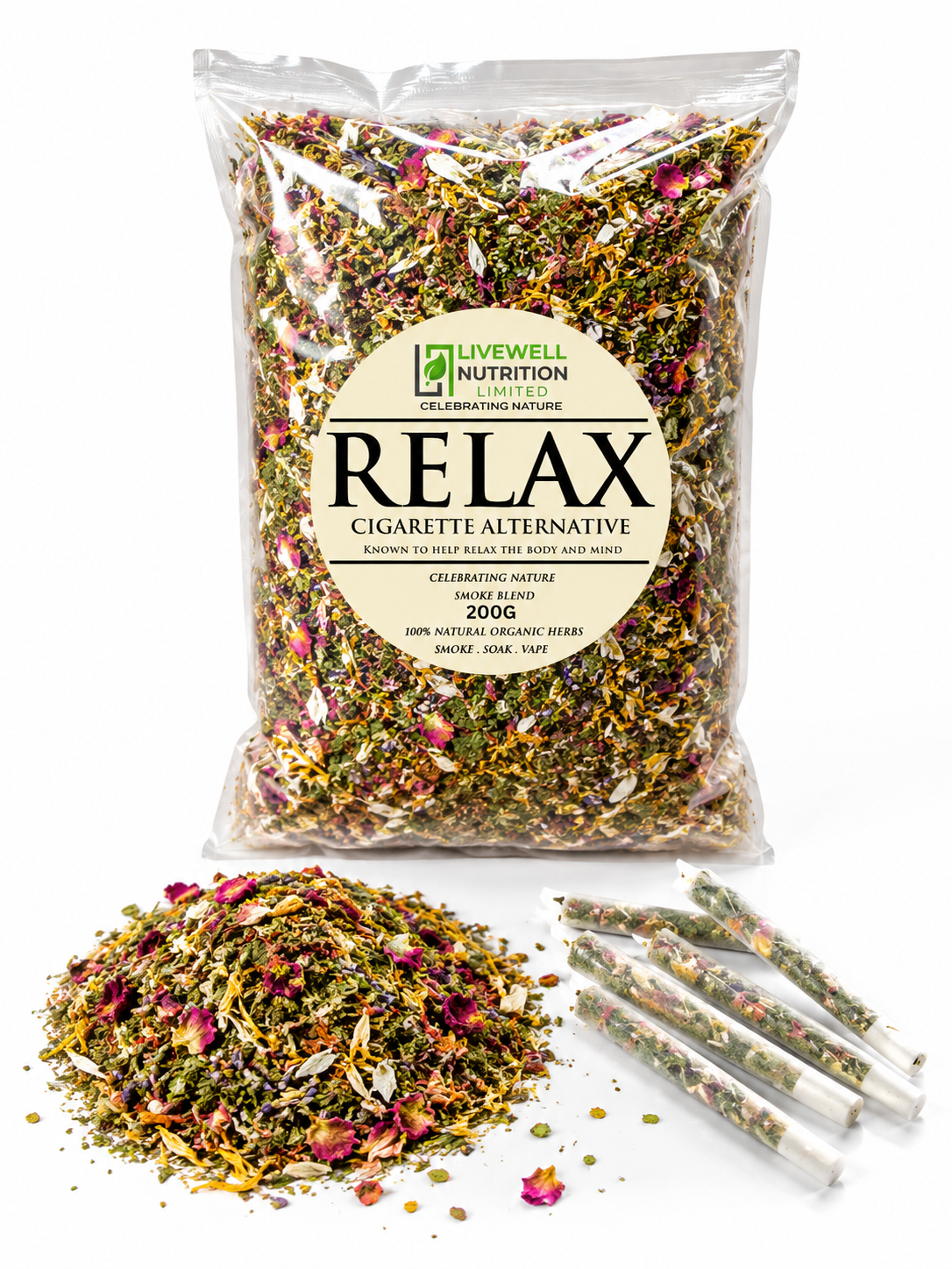 200g Organic Herbal Smokable Mix (RELAX) Relaxation Formula Nicotine & Tobacco Free, Special Blend, Vaped, or Delicious Tea