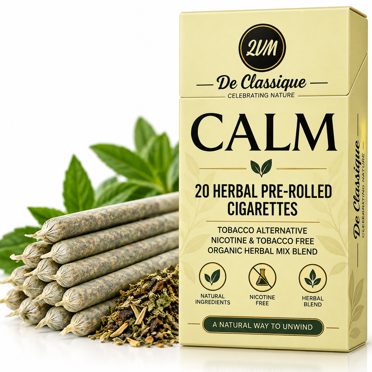 CALM Blend 20 Organic Herbal Pre-Rolled Sticks by QUM De Classique. Premium Tobacco Alternative. 100% Nicotine & THC Free.