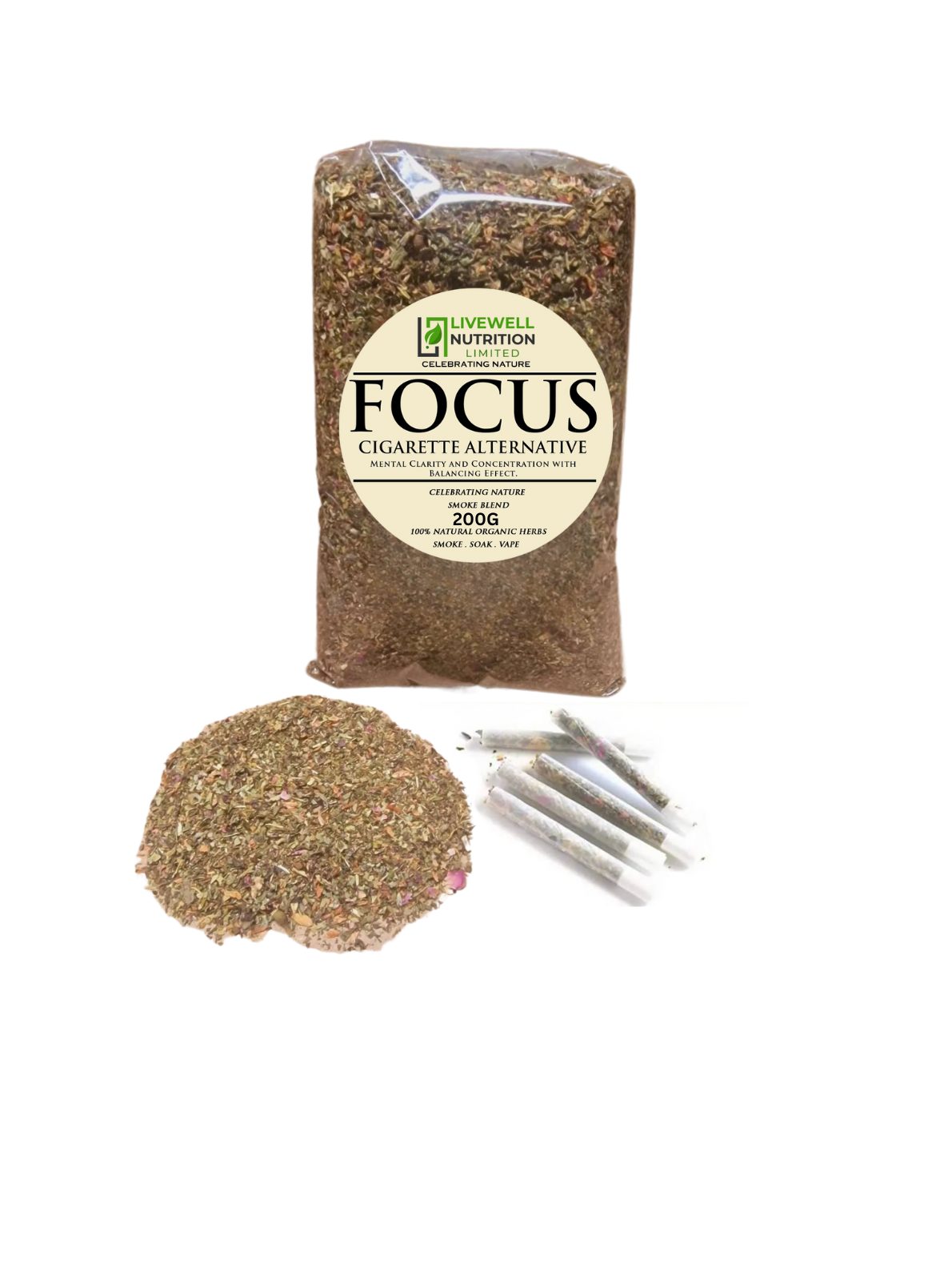 Focus Premium Herbal Smoke Mix. 100% Nicotine Free. 100% Mixed Herbs. 200 grams