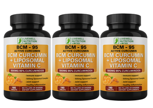 3X BCM Curcumin + Liposomal Vitamin C BCM-95 Active Curcumin  X1 VitaCap  180 Tablets