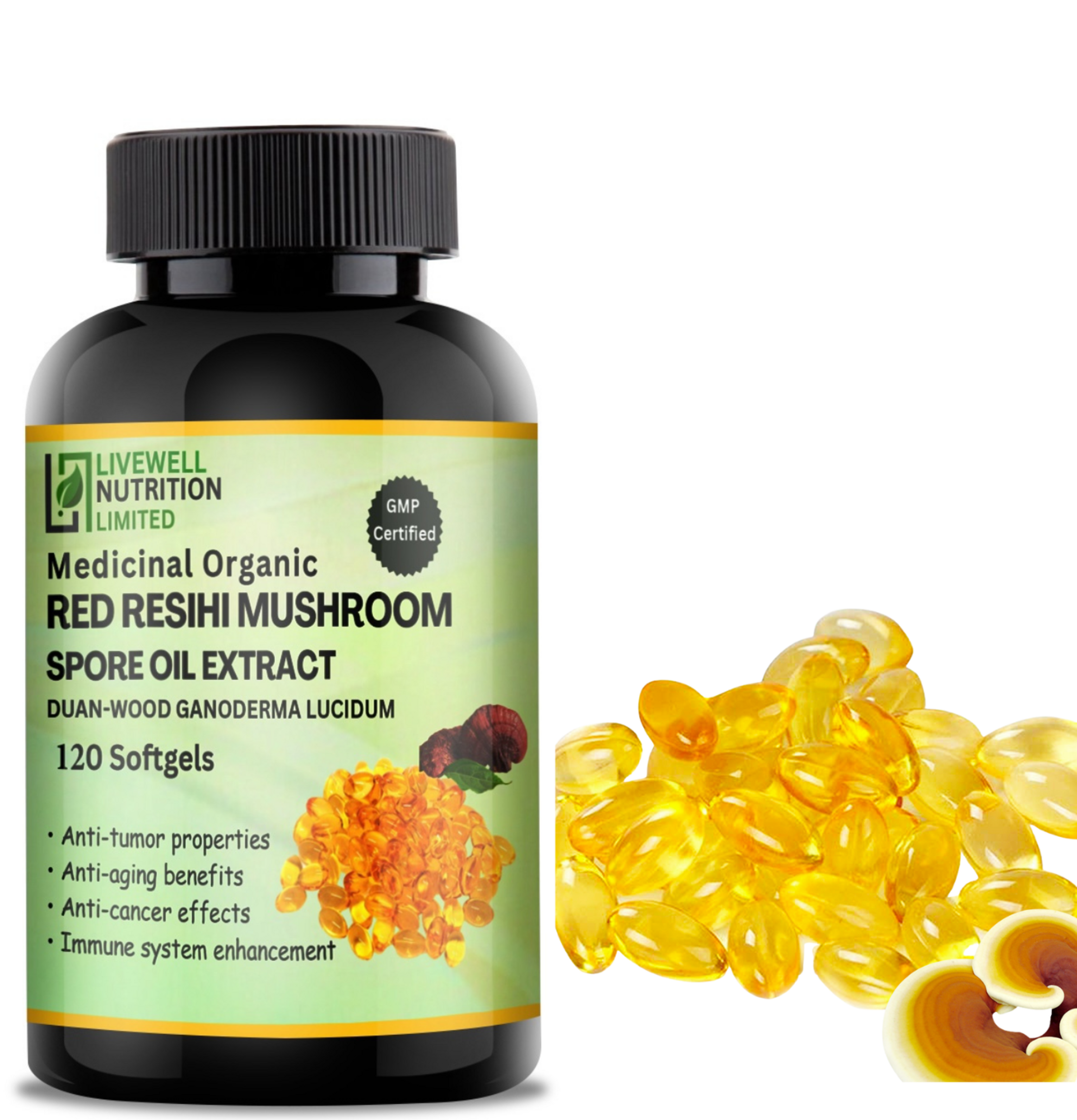 Reishi Mushroom Spore Oil- CO2 Extraction, Strengthen Immune System 100% Pure Organic, 120 Softgels @ 500mg each