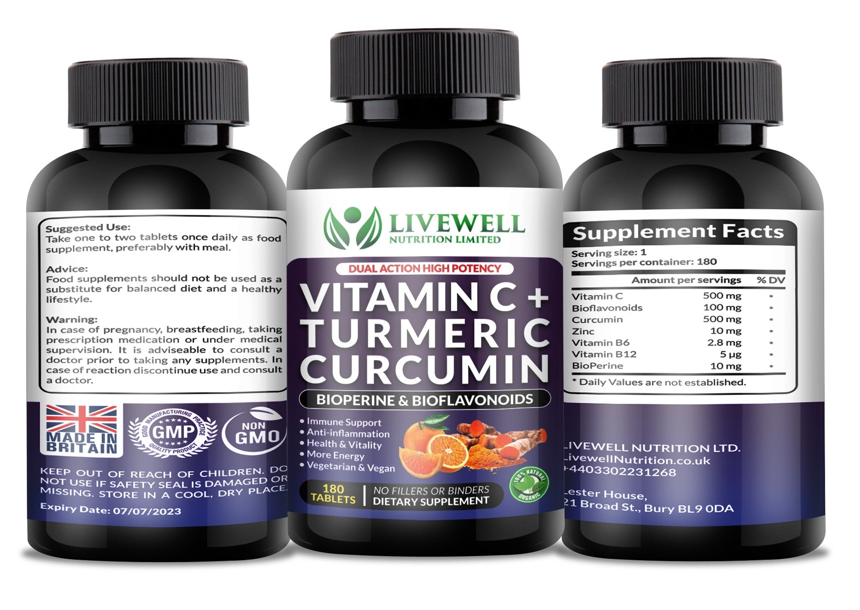 Vitamin C + Turmeric Curcumin, Dual Action High Potency, Bioperine & Bioflavonoids, x1 VitaCap