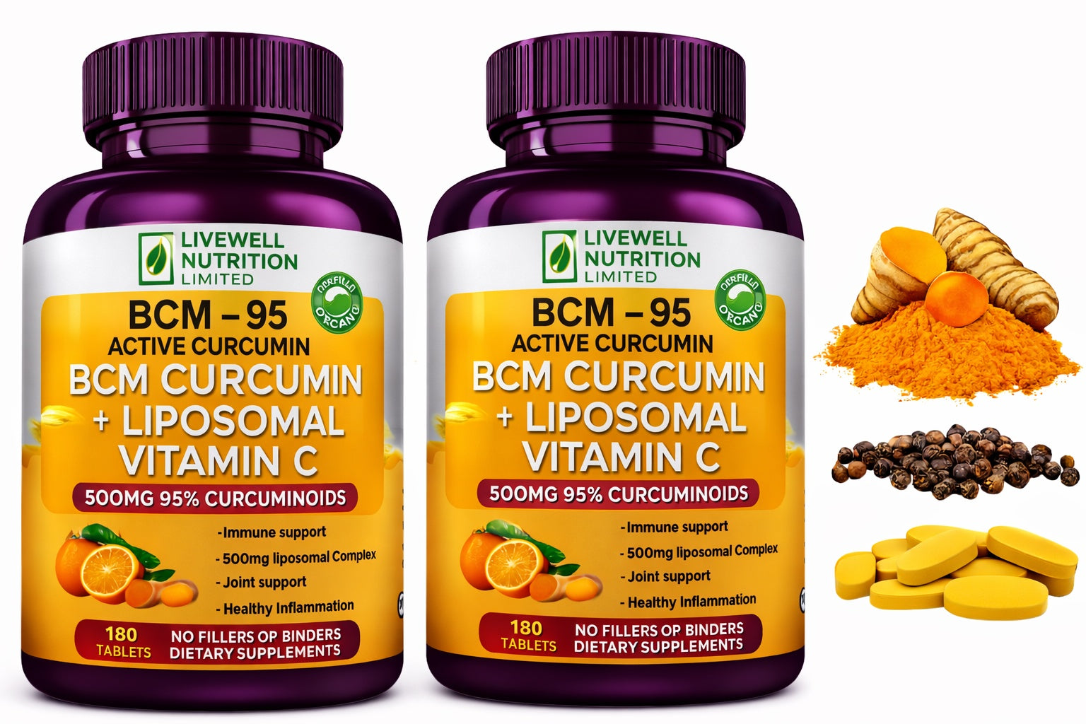 2X BCM Curcumin + Liposomal Vitamin C BCM-95 Active Curcumin  X1 VitaCap  180 Tablets